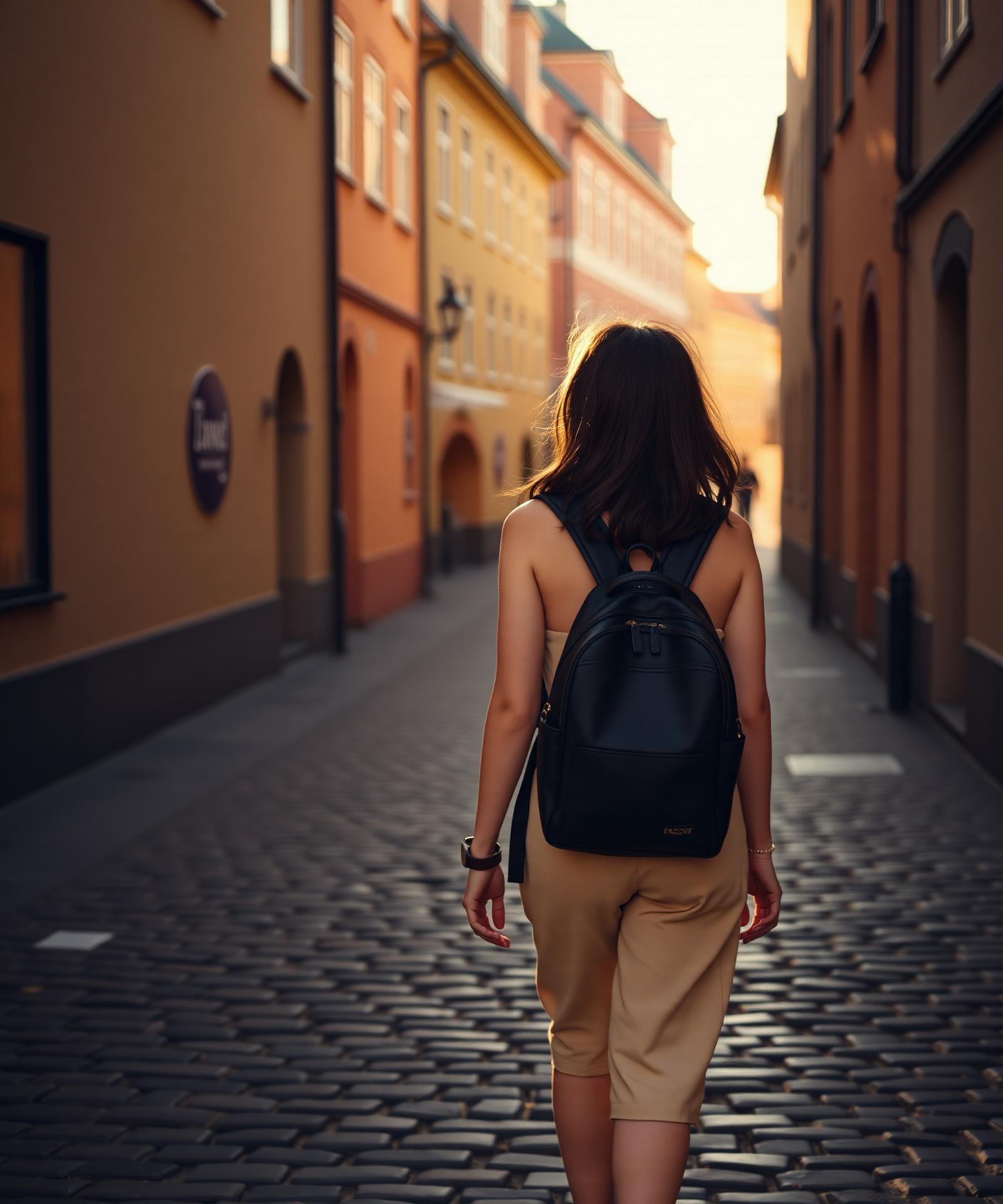 Candidate walking through a European old-town street at golden hour